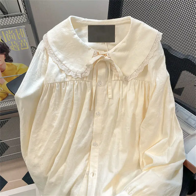 Women Clothing French Style Sweet Doll Collar Lace Shirt Spring Autumn Lazy Style Chic Loose Blouse Fashion Casual Lace-up Top