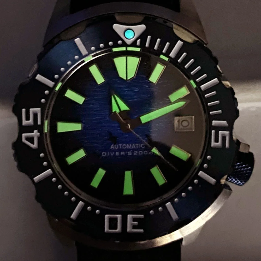 42mm Tandorio Monster Watches 20ATM Waterproof NH36A Diving Automatic Watch Men Blue Bezel Sapphire Luminous Rubber Strap New