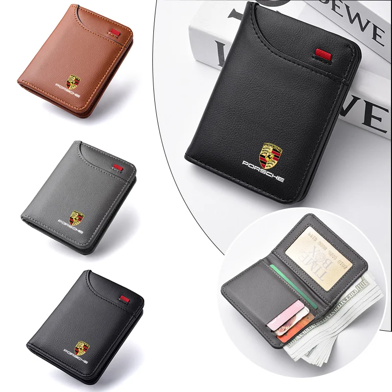 Portefeuille en cuir souple avec emblème de voiture, mini porte-cartes de crédit, petit porte-monnaie portable pour Porsche 911, broderie enne 918, Pajun 718, Panamera Macan