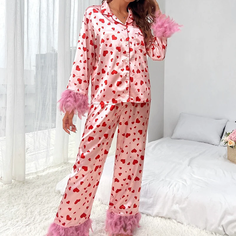 Women Lapel Collar Long Sleeve Top &Feather Pants Set Casual 2Pcs Party Outfit Sweet Heart Printed Loose Shirts Nightgown Suit