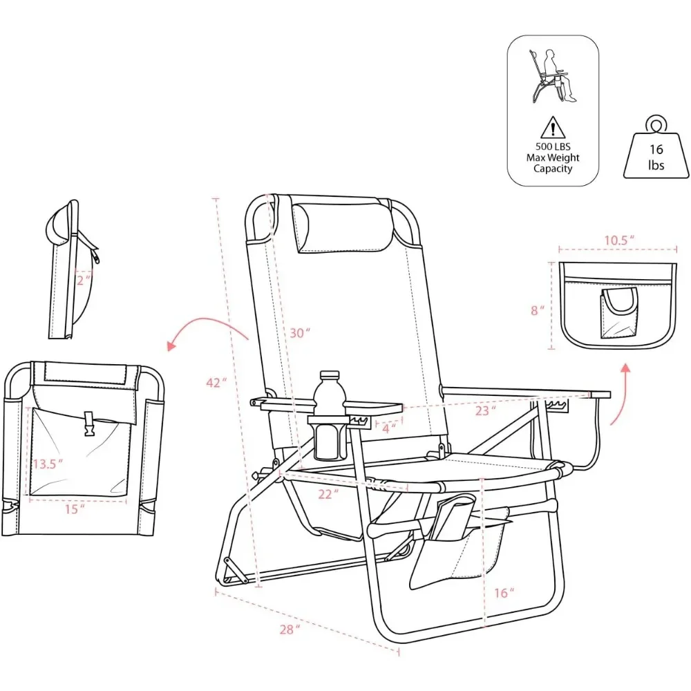 500 Lbs XL Aluminum Heavy Duty Beach Chair for Big & Tall - 4 Reclining Positions Nature Hike Camping Foldable Hiking