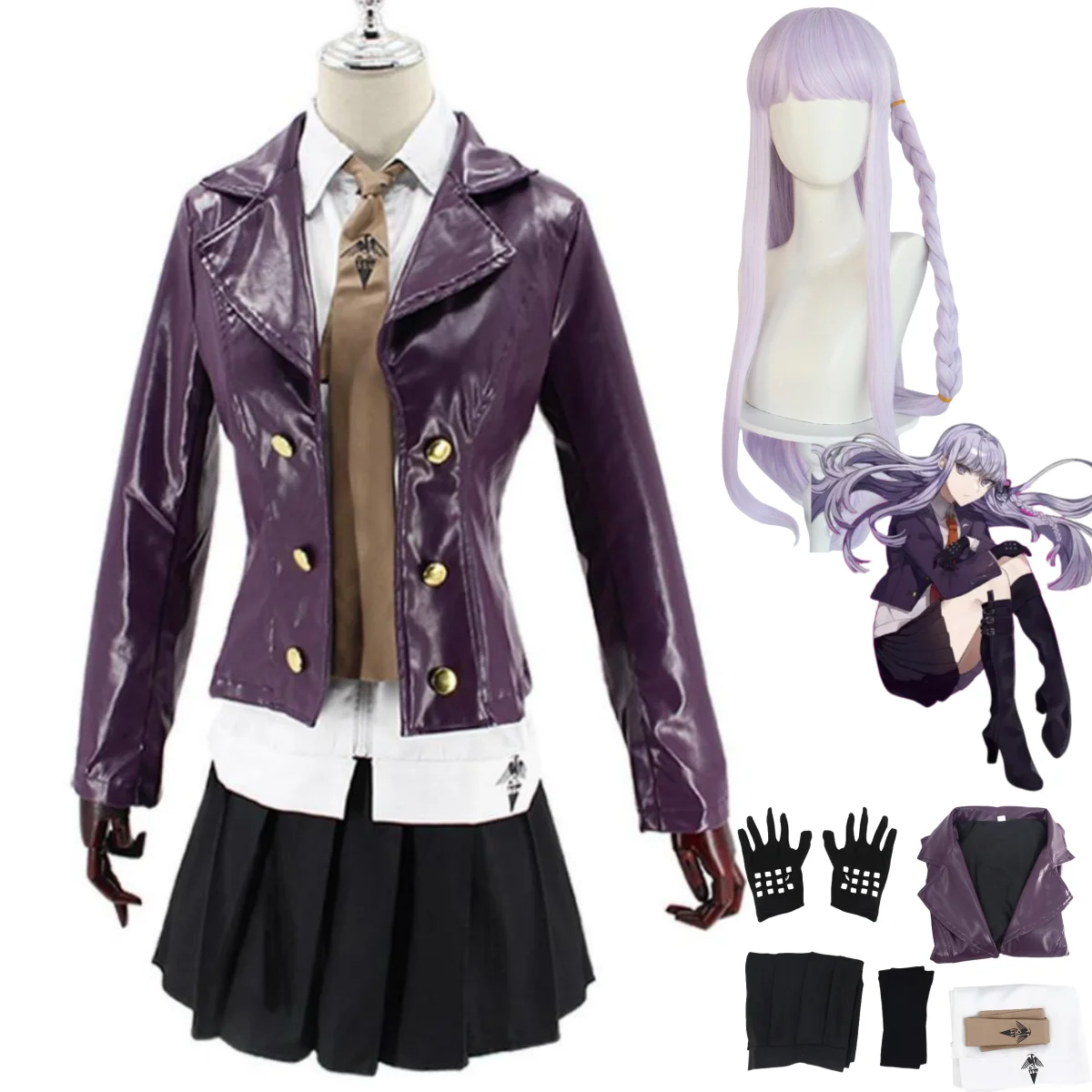 Game Danganronpa: Trigger Happ Kirigiri Kyoko Cosplay Costume PU Coat JK Uniform Skirt Wig Adult Woman Cute Campus Suit