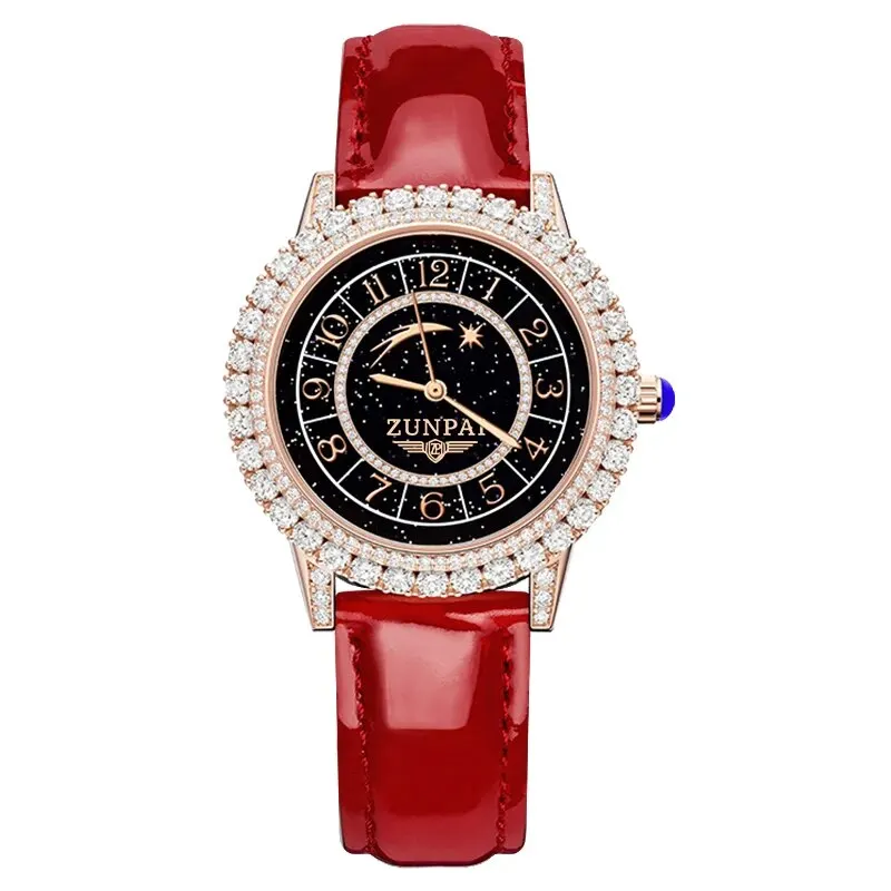 ZUNPAI Original Women's Watch Waterproof Leather Strap Simple Fashion Starry Sky Swarovski Diamonds Ladies Luxury WristWatch