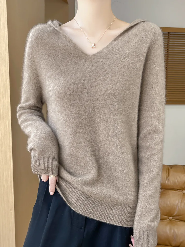 

Женская осенне-зимняя одежда, пуловер с воротником с капюшоном, свитер из 100% мериносовой шерсти, новые модные кашемировые топы, мягкий трикотаж