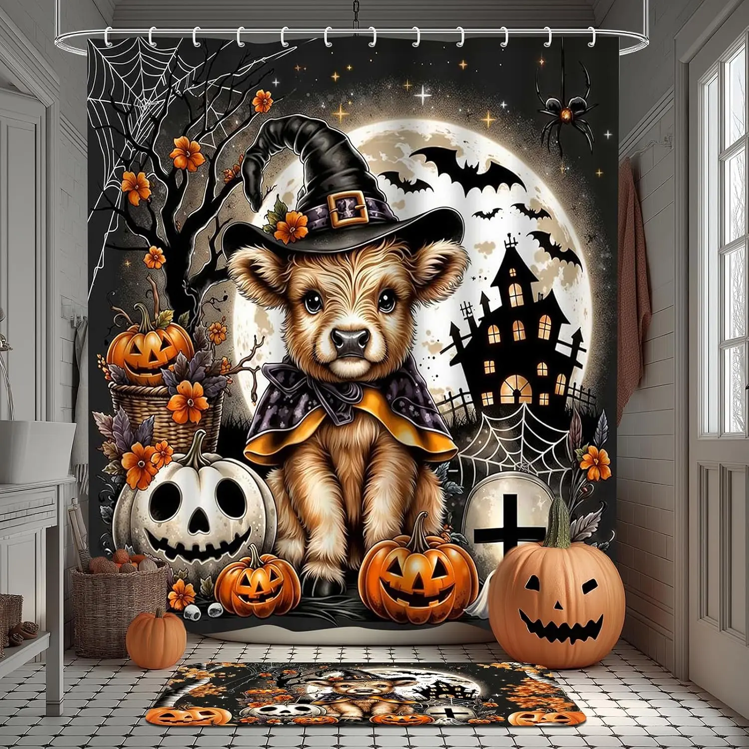 Halloween Shower Curtain Set with 72x72 Inch Bath Mat, U-Shape Rug, Toilet Cover & 12 Hooks - Witch Calf Spooky Decor