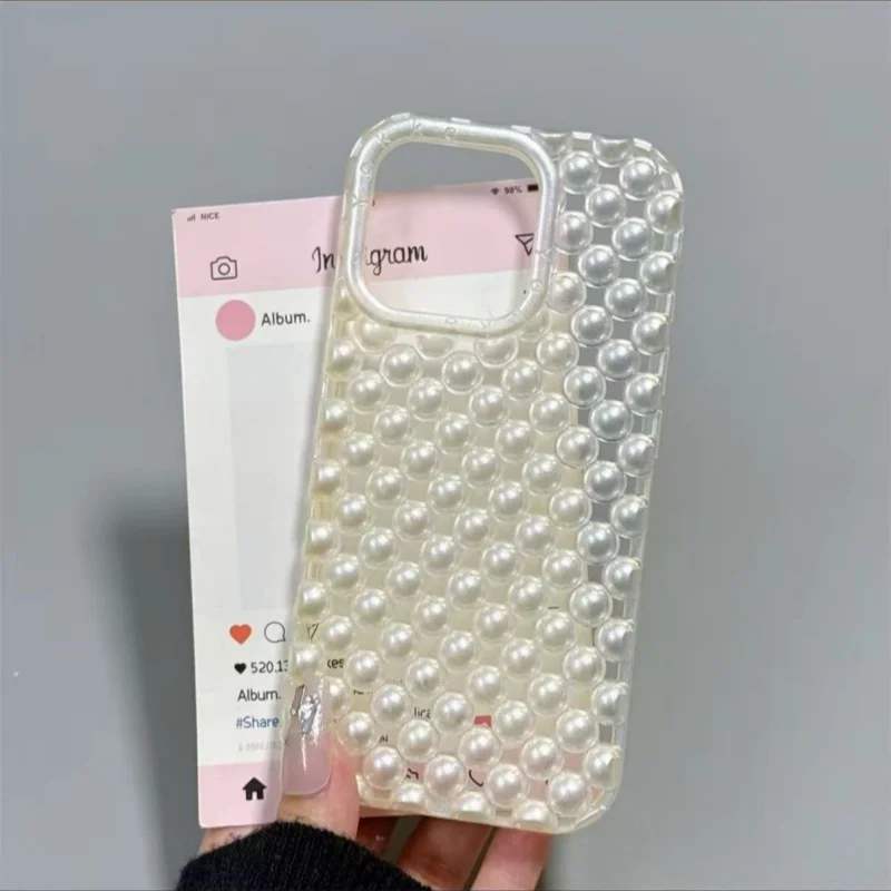 

Fashion Macaron Color Hollow-out 3D Pearl Phone Case For iPhone 13 14 15 16 17 Pro Max Summer Heat Dissipation Shockproof Cover