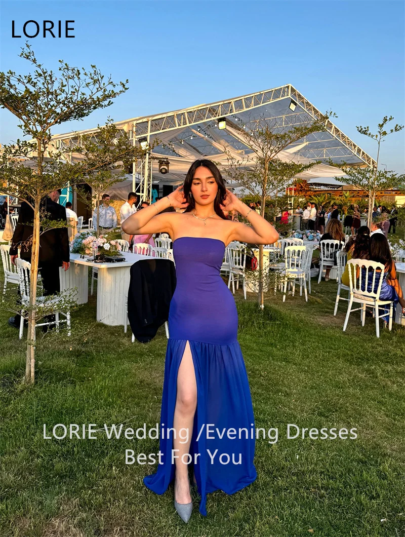 فساتين سهرة بحورية البحر باللون الأزرق الملكي من LORIE ثنيات بدون حمالات وفتحة جانبية للحفلات أنيقة بطول الأرض فساتين حفلات مخصصة