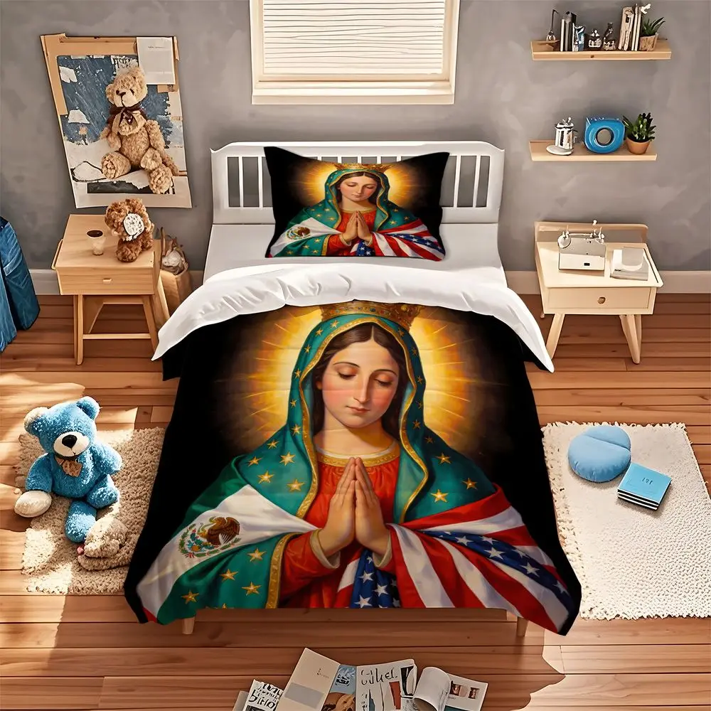 Virgin Mary Digital Print Duvet Cover Set Mexico USA Flag Bedding Set Soft Microfiber Religious Quilt Cover Home Bedroom Decor