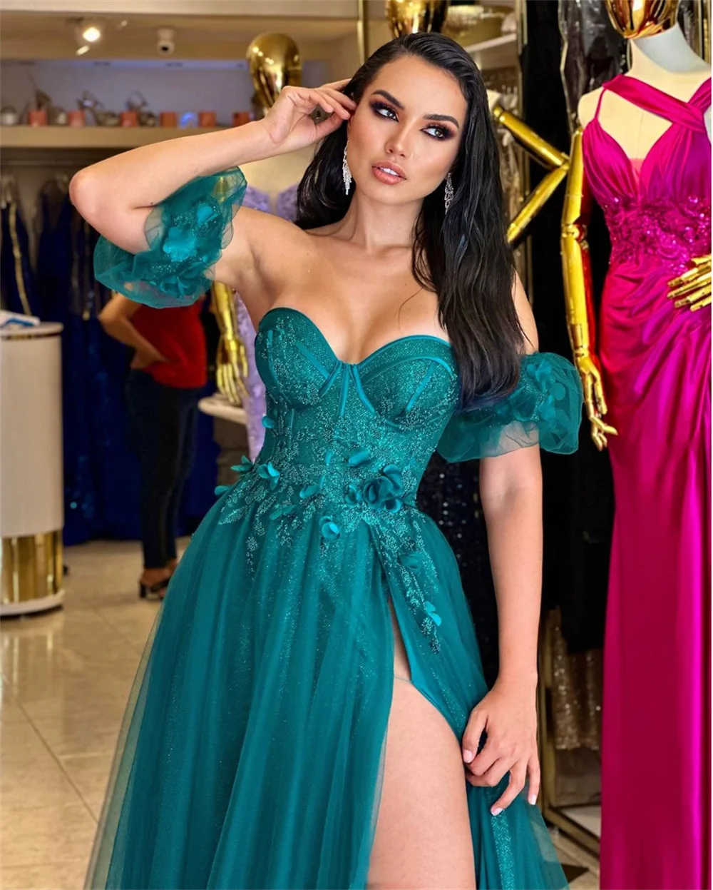 Jessica-Vestidos De tul con purpurina verde, vestido De fiesta con corsé Floral 3D, vestido De fiesta en forma De A, vestido De Noche personalizado,