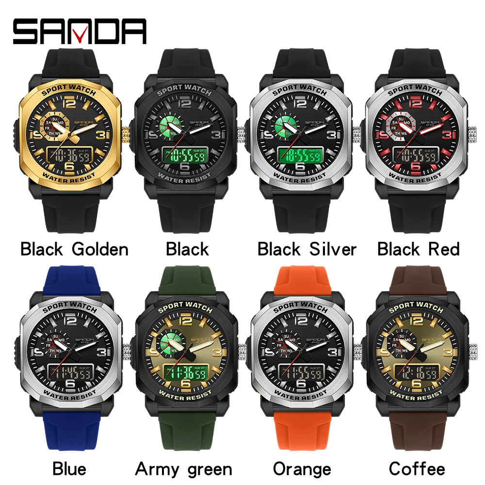 SANDA 3370 Men\'s Electronic Watch Multifunctional Fashion Trends Outdoors Dual Display Silicone Strap Wristwatch for Teenagers