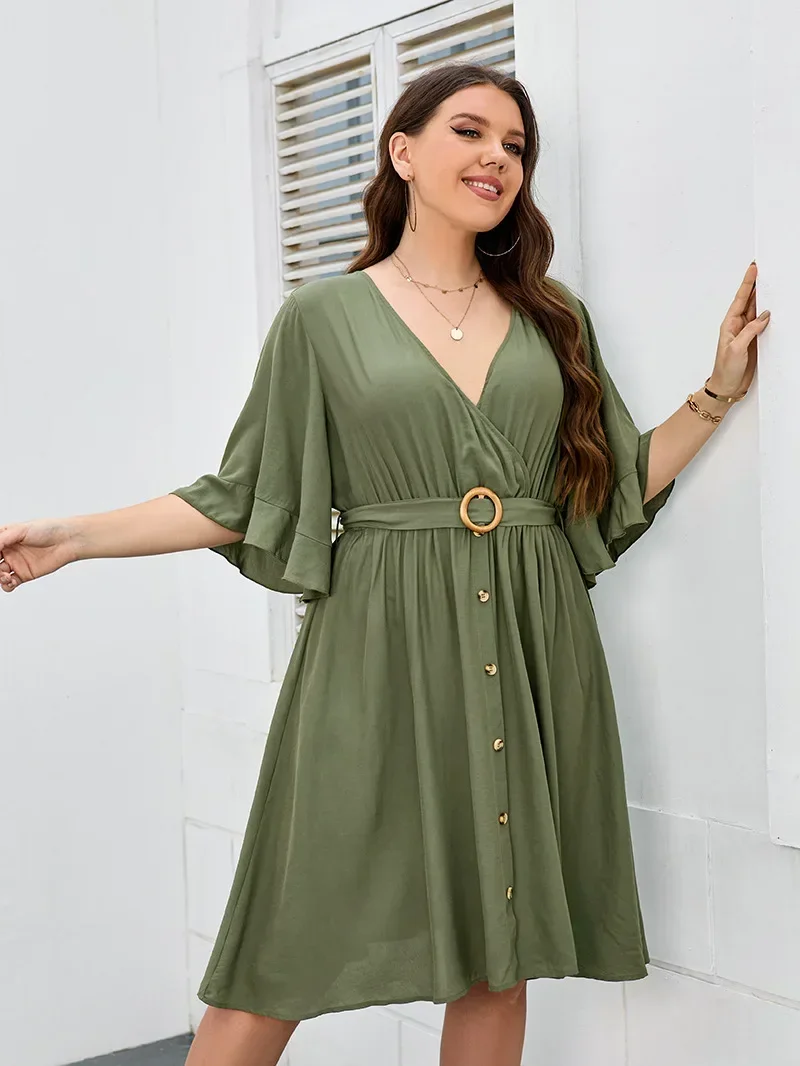 Plus Size Letnia Sukienka dla Kobiet Wrap V Neck Ruffle Sleeve Smock Boho Beach Robe O-ring Drawstring Belt Back V Cut Tie Cloth