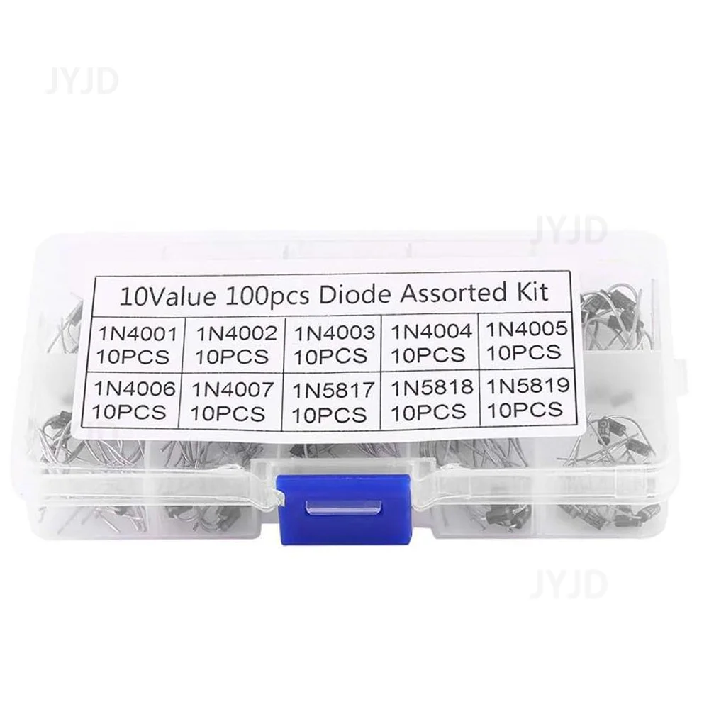 100Pcs 10 Values Rectifier Diode Assorted Kit 1N4001 1N4002 1N4003 1N4004 1N4005 1N4006 1N4007 1N5817 1N5818 1N5819 with Box