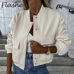 Autumn Winter Bomber Jackets For Women Fashion Long Sleeve Button Short Jacket Women Casual Loose Pocket Coats 2023