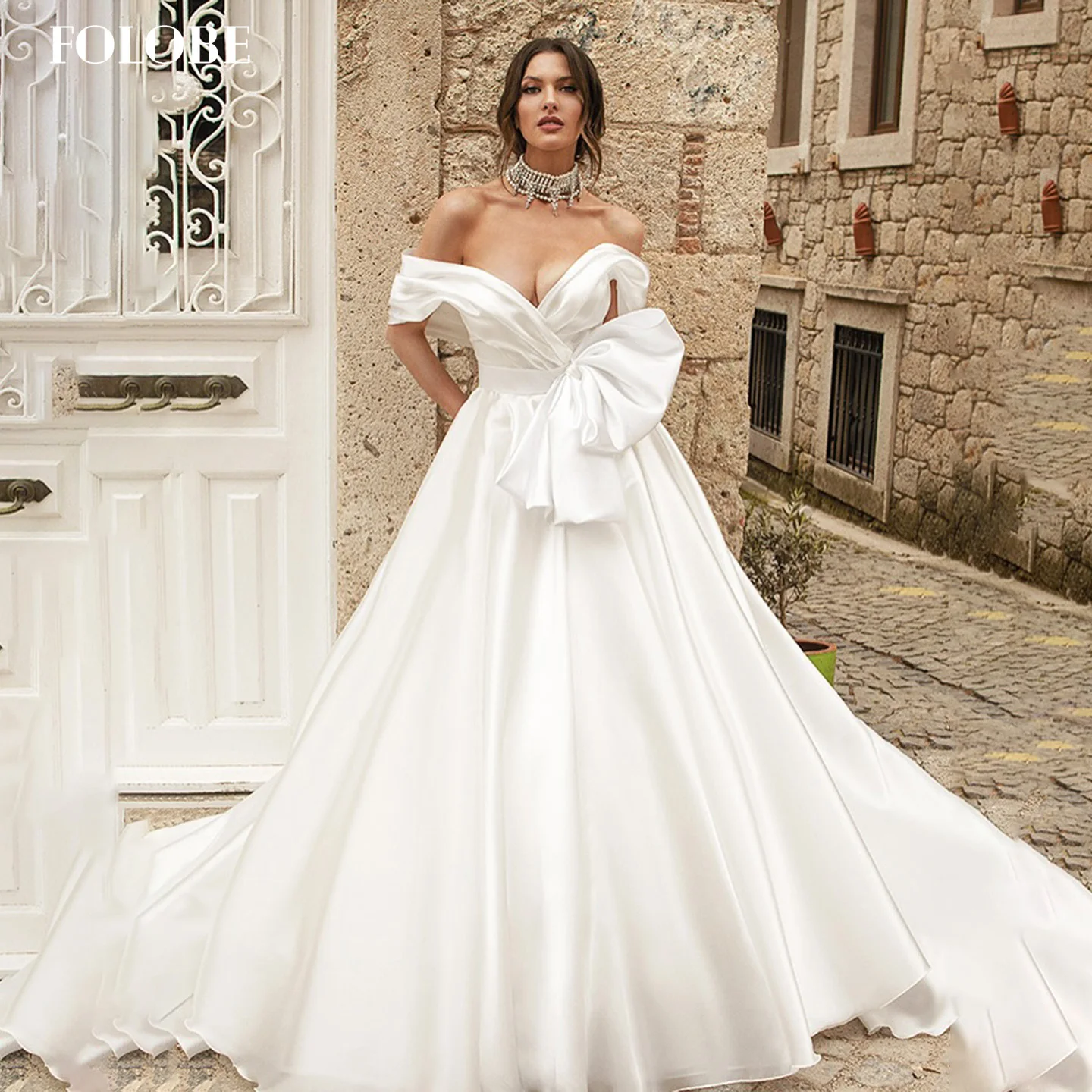 FOLOBE-vestido de novia línea a con hombros descubiertos, vestido de novia elegante con lazo plisado, vestido de novia con hombros descubiertos, vestidos de noche personalizados