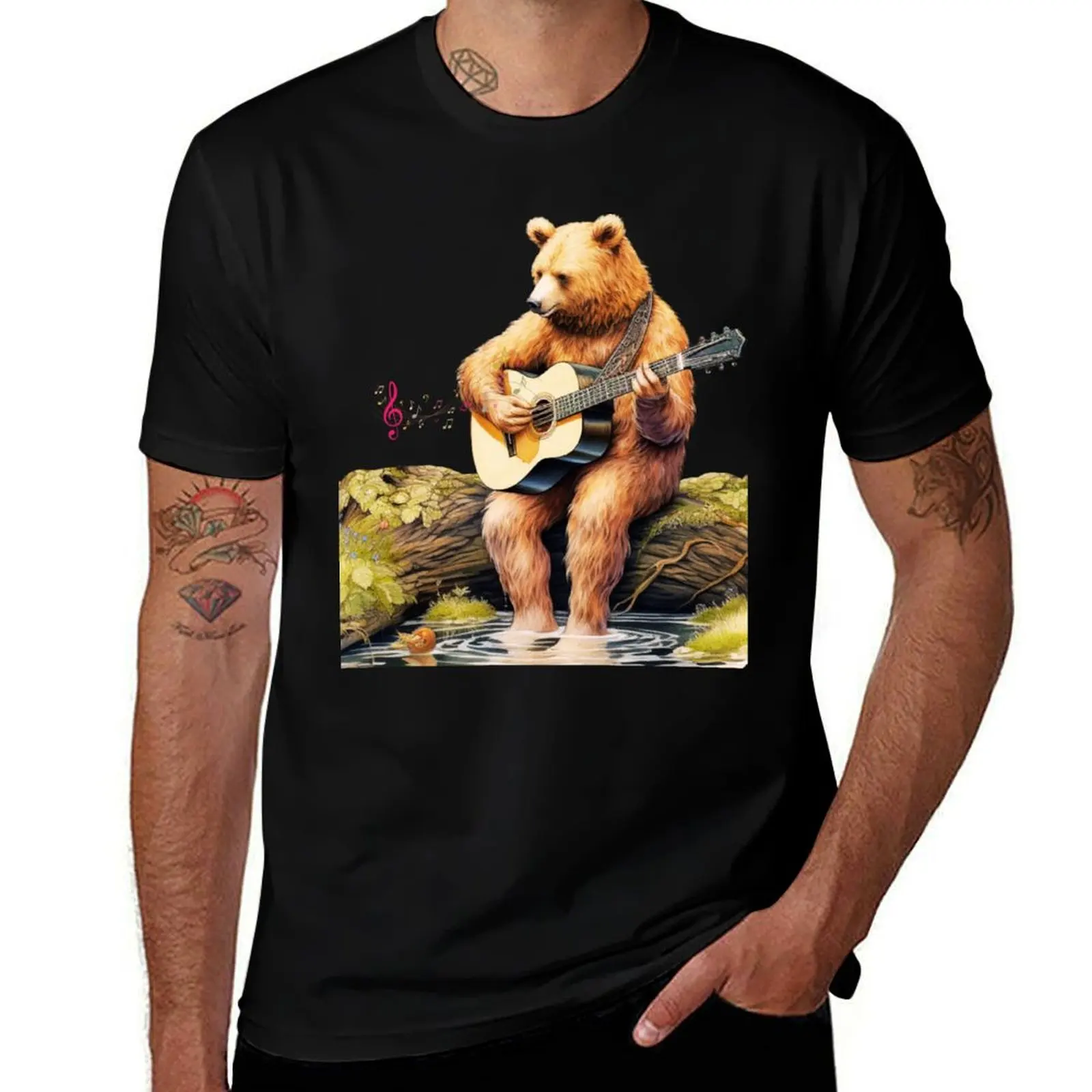 Bear Playing On Guitar T-Shirt Modern Print Casual T-Shirt