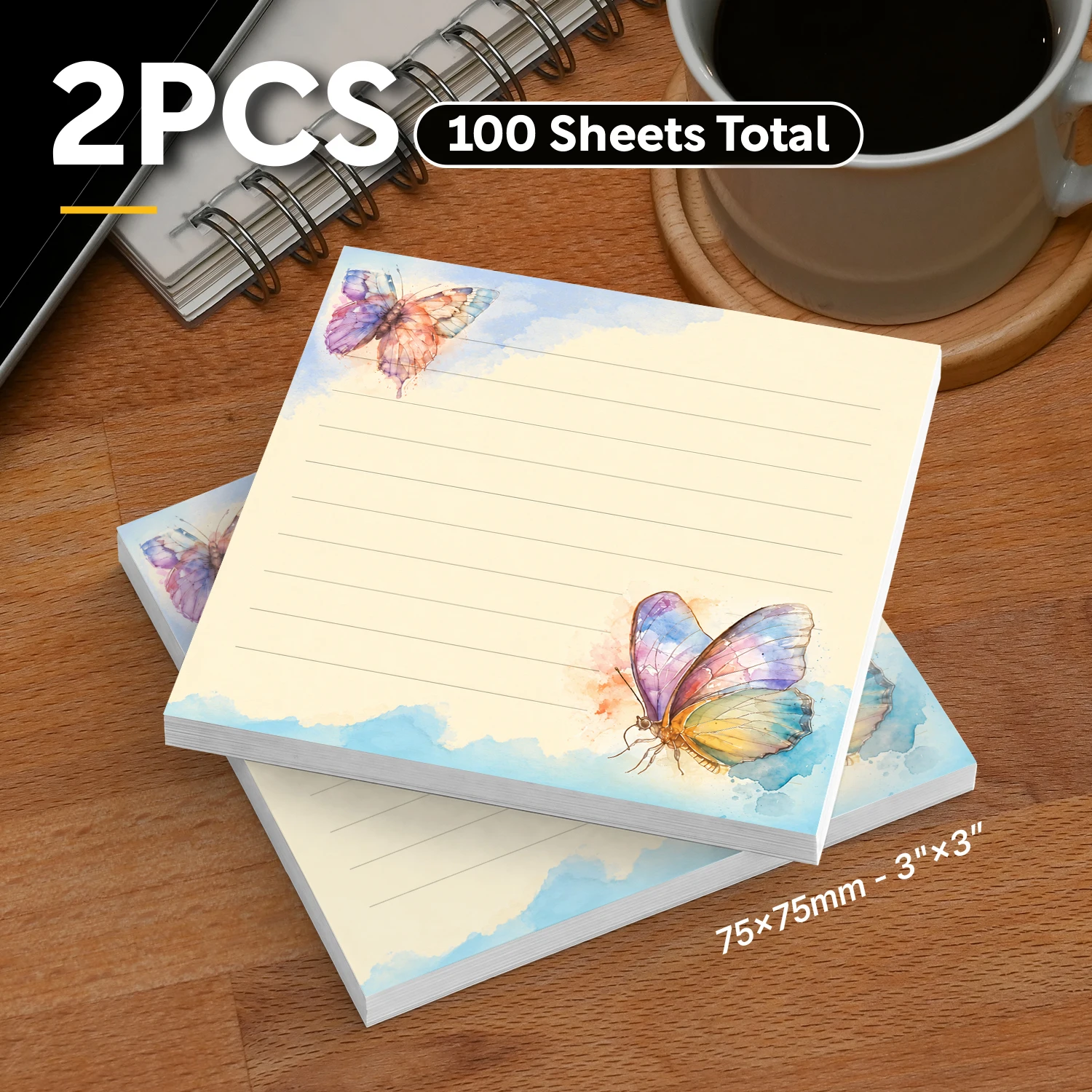 2pcs Watercolor Butterfly Sticky Notes, 100 Sheets Total, 3x3 Inch Self Stick Memo Pads, Cute Square Lined Sticky Note Pads