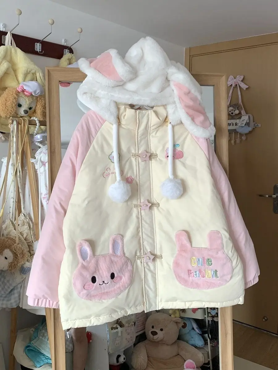 Cute Original Winter Coat Loose All Match Cartoon Rabbit Ear Zipper Hoodie Sweet Girl Thicken Puffer Jacket Coat Women y2k top