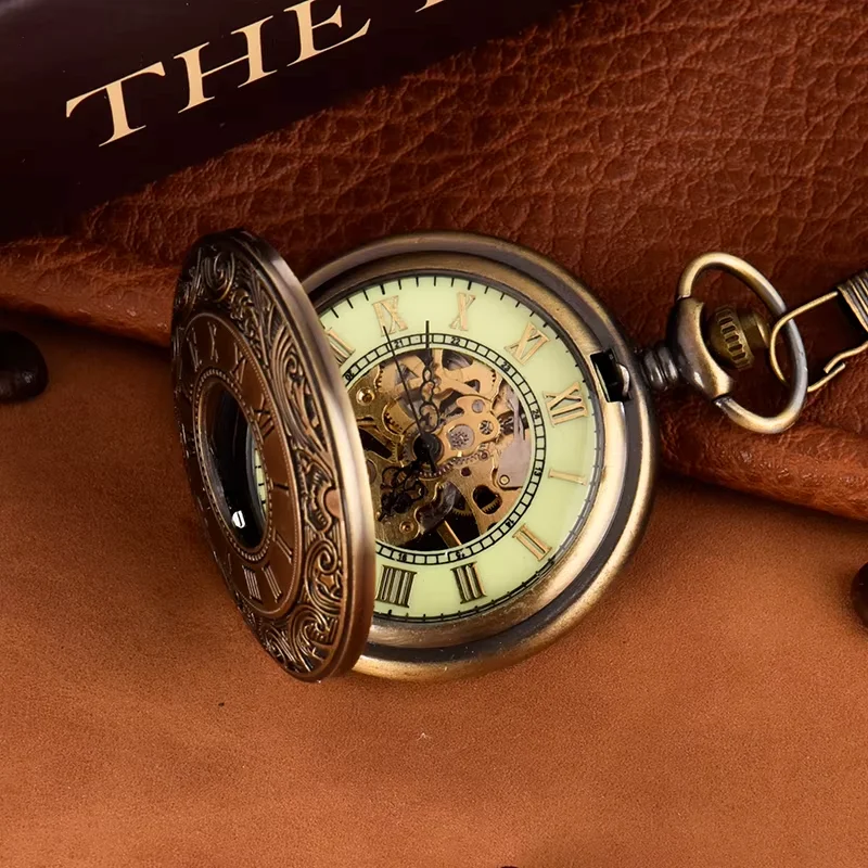Large bronze Roman scale engraved lace pocket watch silver two face light double open mechanical watch