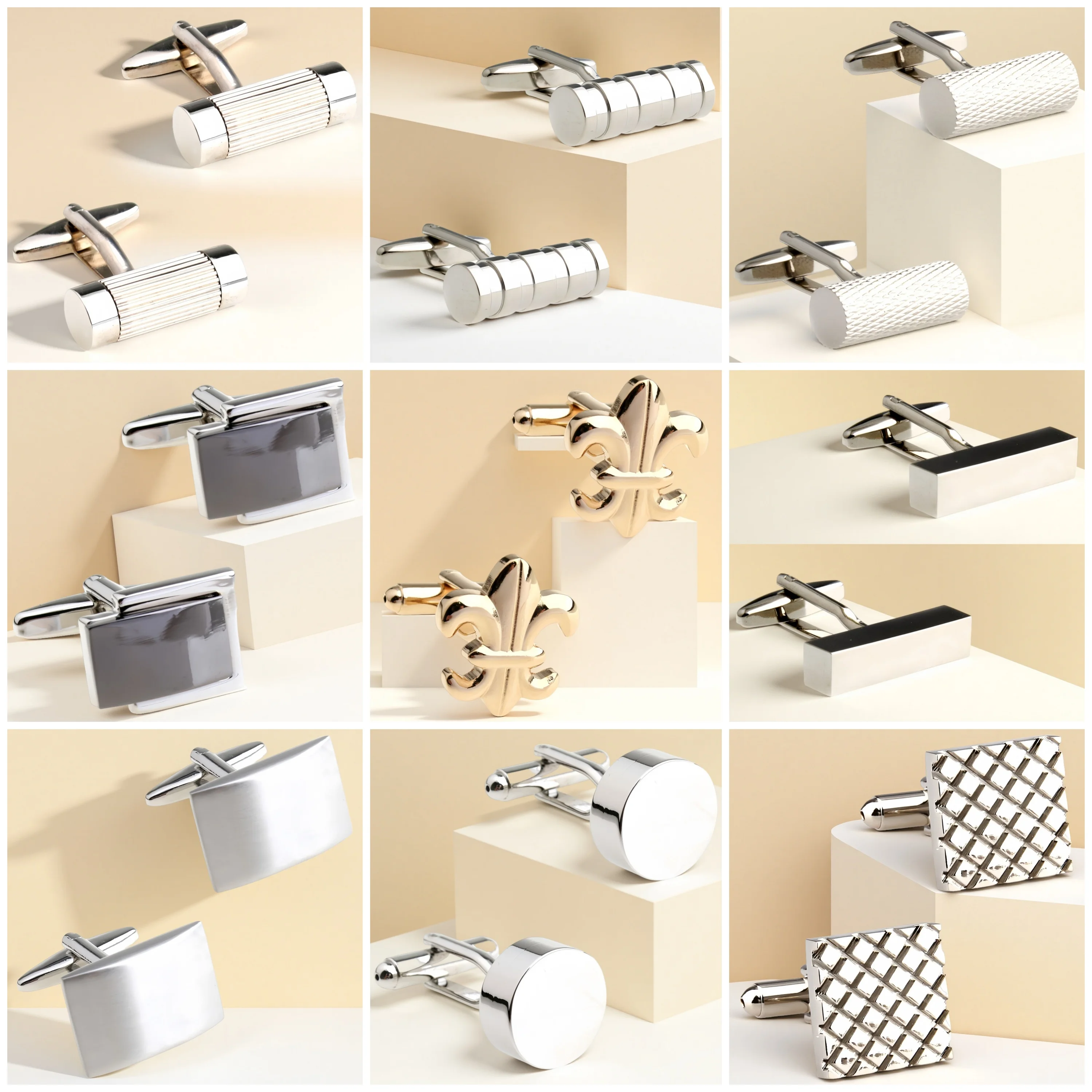 Annlyy Fashion Square Circle Rectangle Cylinder Cuboid Cube Arch Matt Mens Cufflinks Cuff Links
