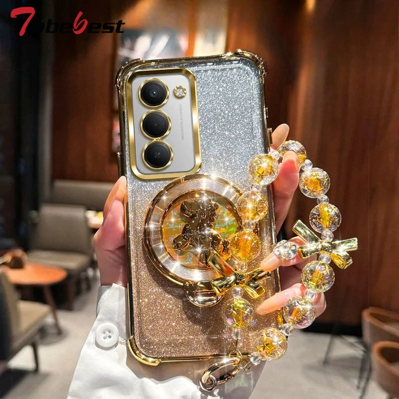 Stoßfeste Glitzer-Plating-Hülle mit Pony-Halterung und Perlenarmband für Xiaomi Redmi 15 15C 14C 13 13C 12 12C 10 10C 9 9A 9C