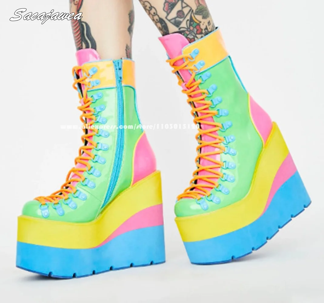 

Retro Rainbow Wedge Side Zip Mid Calf Boots Round Toe Platform Size 35-43 Casual Boots Mixed Color Y2K Height Increasing Shoes