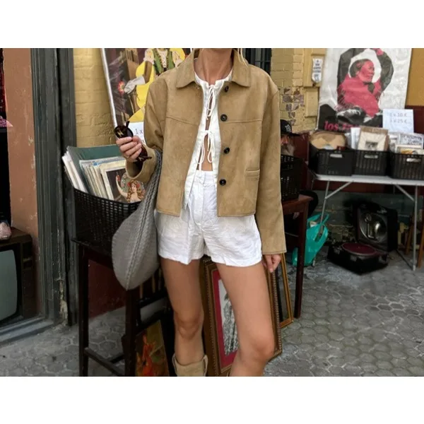 

Casual Women's Jackets 2025 Autumn new Lapel Long Sleeves Pockets Single Breasted Coats Chic Retro Loose Jacket for Female