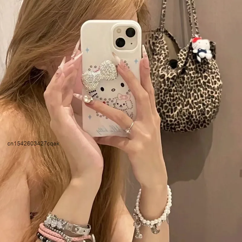 Sanrio Hello Kitty 3D Glitter Diamond Bow Spice Girls Phone Case For Iphone 16 15 14 13 12 11 Promax Women New Trend Phone Cover