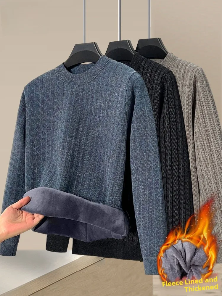 

Утепленный вязаный свитер для мужчин среднего возраста, зимний теплый базовый слой, повседневный топ для дедушек, из смесового полиэстера