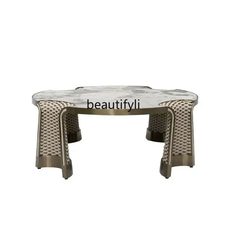 

Villa living room home woven combination coffee table stainless steel creative edge table natural marble designer