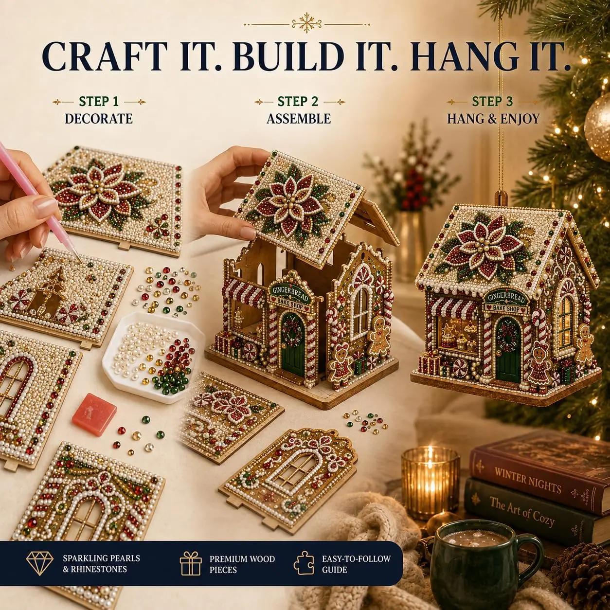 DIY Pearl Art Christmas House Diamond Painting Kit Gingerbread House Shape Xmas Hanging Ornament Set for Home Holiday Decor Gift