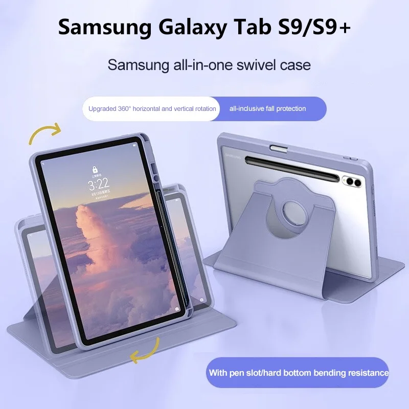 

For Samsung Galaxy Tab Tab S9 FE+ 12.4 inch S9 Plus S8 + S7 Plus A9 Plus 2023 S6 Lite Rotatable Acrylic Cover With Pen Slot