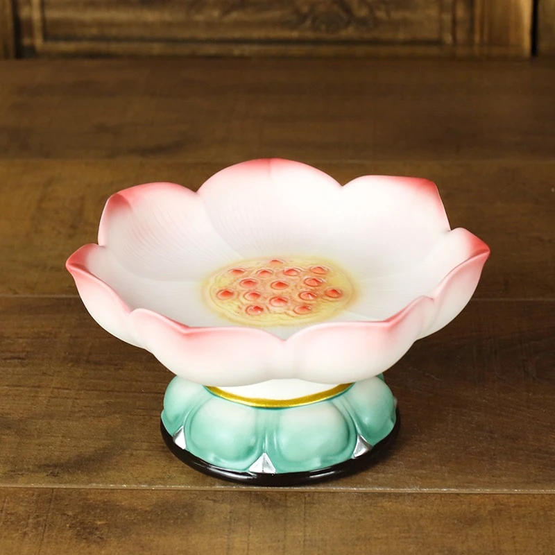陶器のカラフルな蓮の花が描かれた高脚皿、観音像、家庭寺院の礼拝、瞑想、ホテルロビー用