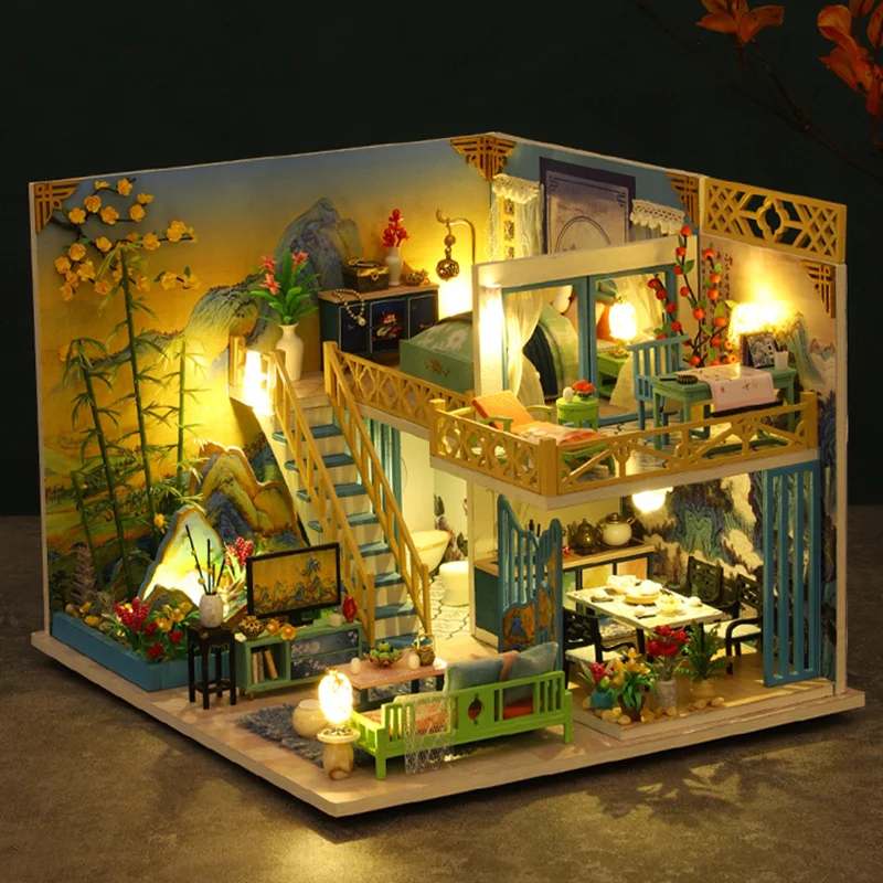 Kit de maison de poupée Miniature en bois pour enfants, avec meubles, lumières LED, cadeau d'anniversaire