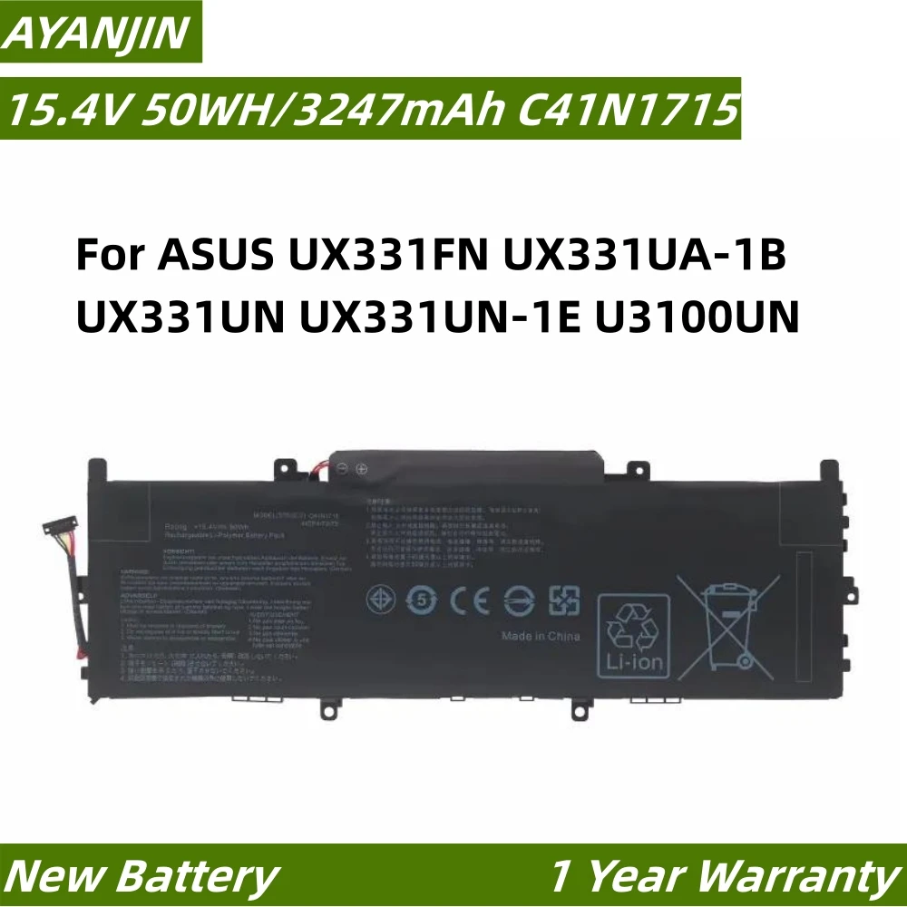 

15.4V 50WH C41N1715 Laptop Battery For ASUS UX331U UX331FN UX331UA-1B UX331UN UX331UN-1E U3100UN Series 0B200-02760000