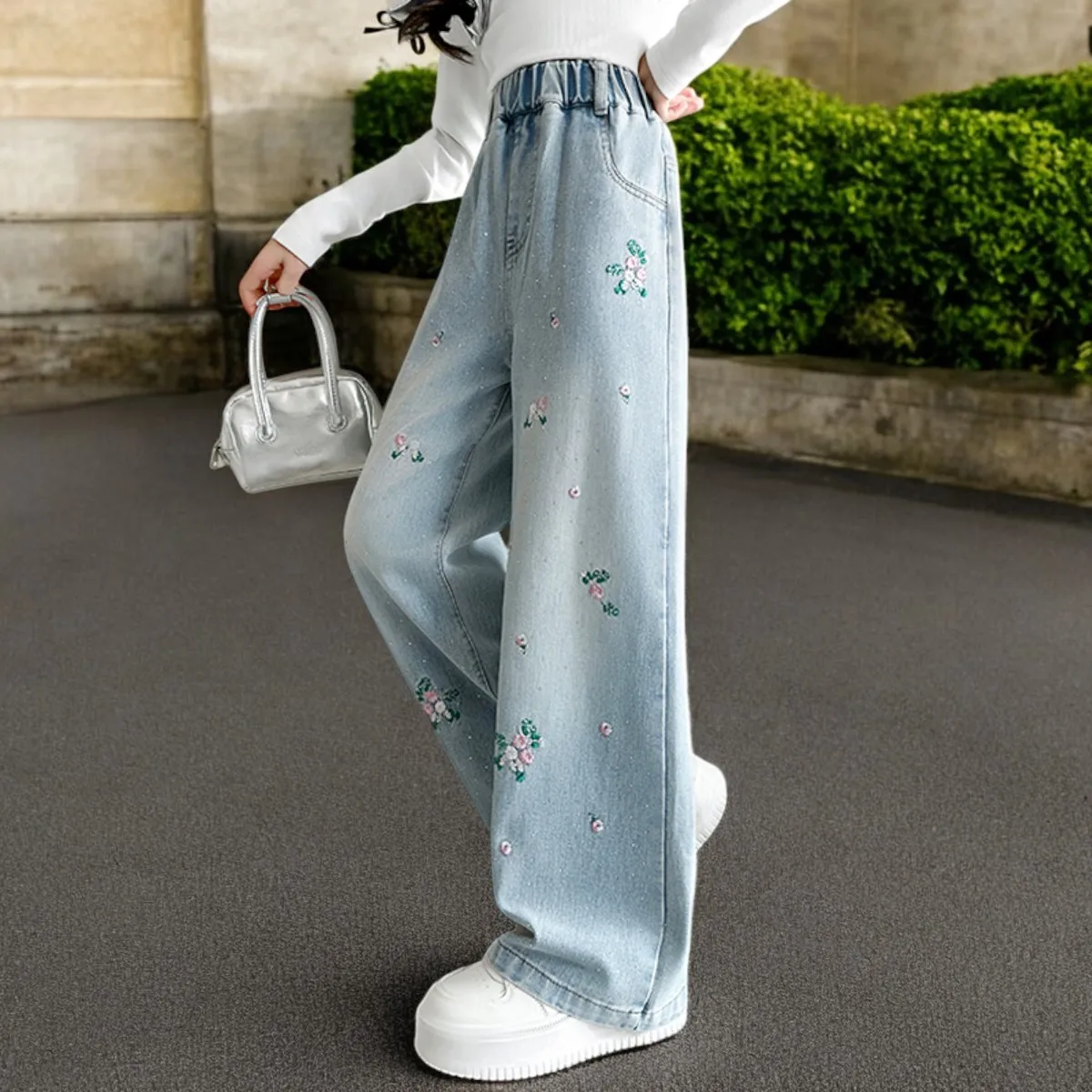 Girls Flower Print Pants Toddler Kids Jeans Children Floral Trousers Teenagers School Outfits Baby Clothes 5 7 9 10 12 13 Years