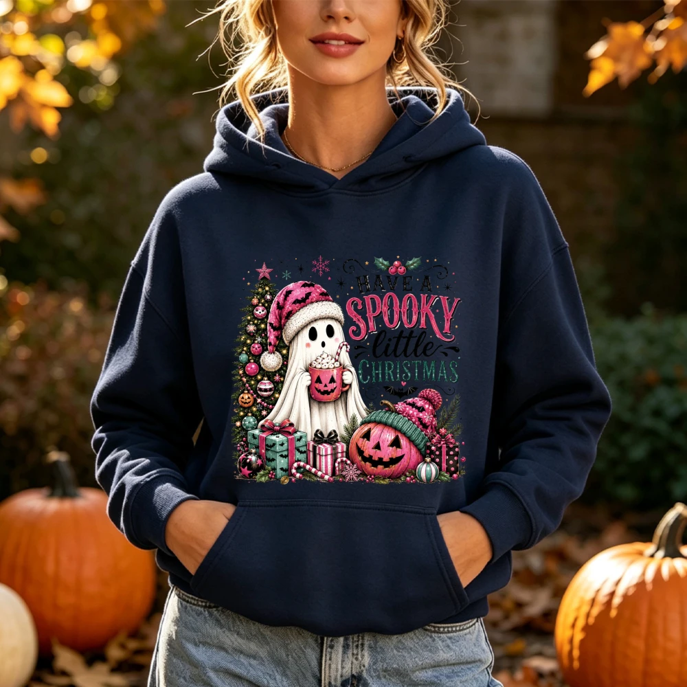 Spooky Little Christmas Ghost Tree Print Hoodie Cute Pink Halloween Xmas Pumpkin Graphic Sweatshirt Y2K Winter Clothes