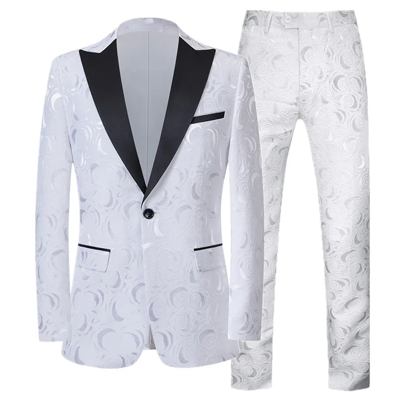 

High End Red Jacquard Suit Men Clothing Black White Fashion Male Luxury Wedding Party Dress Jackets and Pants