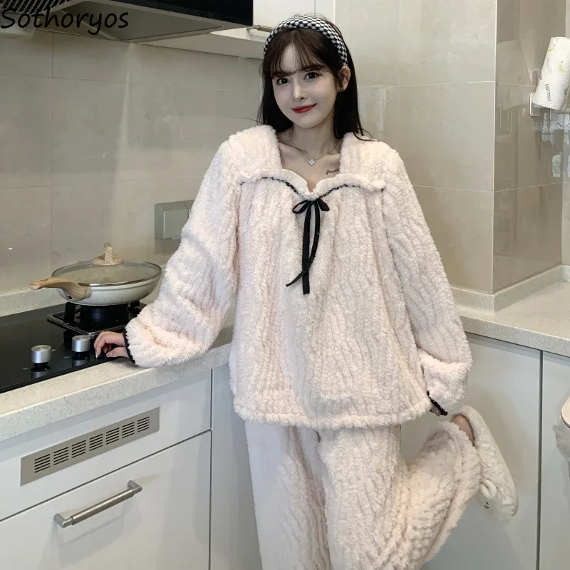 Plus Velvet Thicken Pajama Sets Women Winter Warm Cozy Sweet Panelled Sleepwear Home Korean Style All-match Aesthetic Students