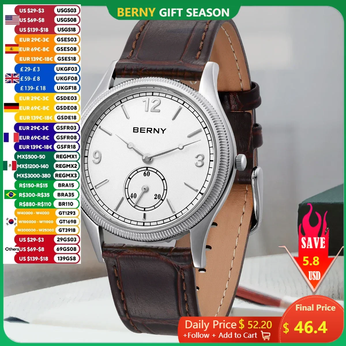 BERNY Watches for Men Ultra-Thin Lightweight Classic Quartz Men\'s Wristwatch Simple Casual Easy Read Dress Man Watch