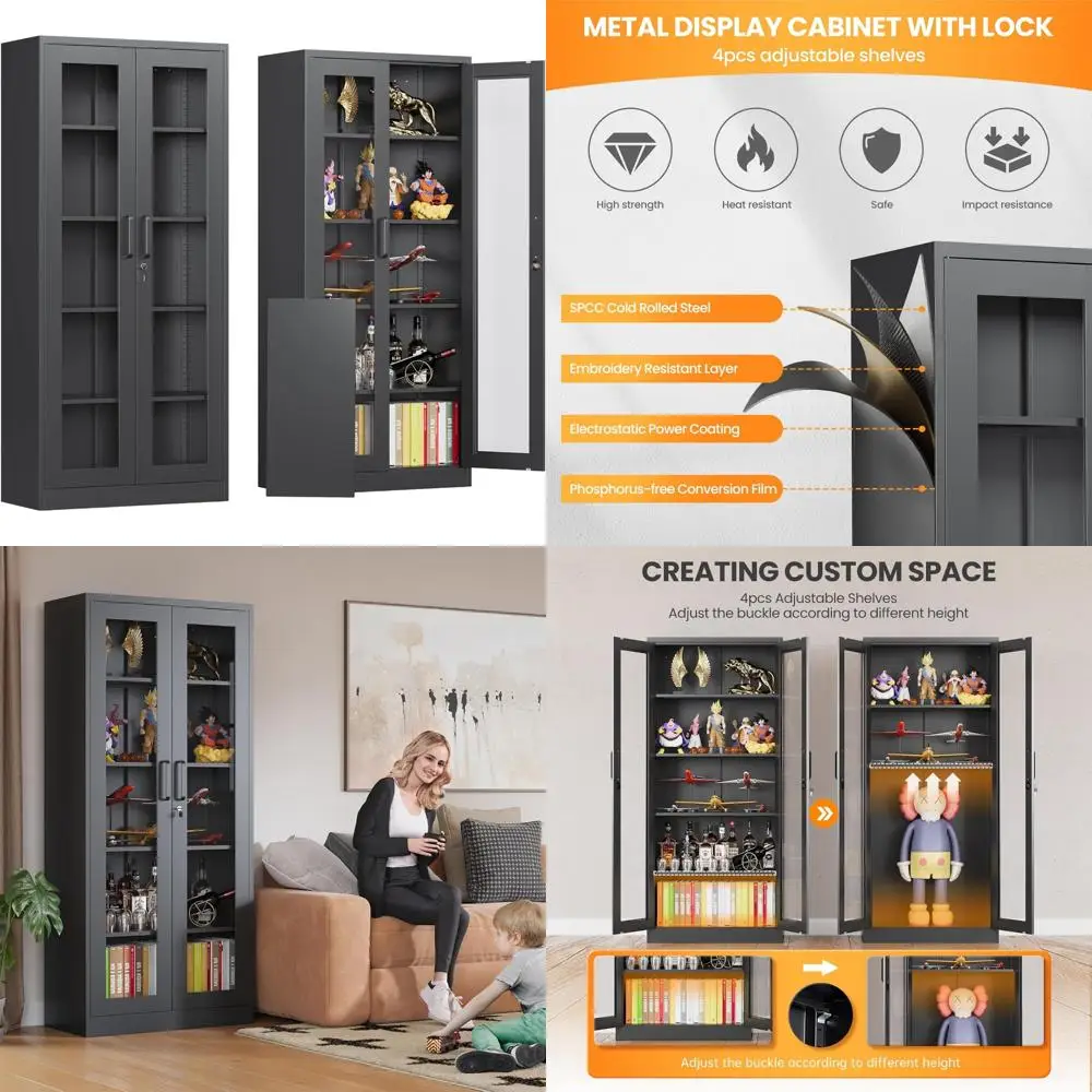Hoher Curio-Schrank aus Metall mit Glastür und verstellbaren Ablagen, 71 Zoll hohe schwarze Vitrine für Spirituosen