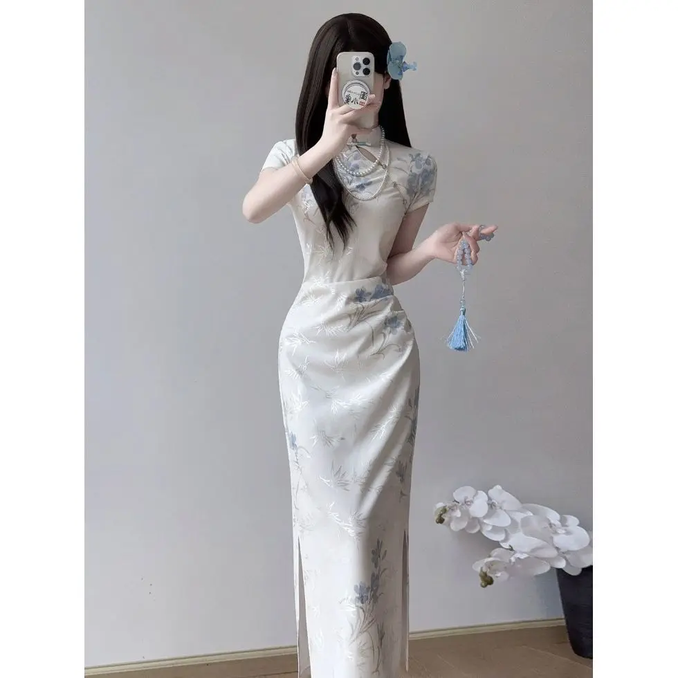 Traditional Chinese Clothing Summer Sexy Cheongsam Women Stand Collar Sexy Slim Waisted Long Qipao Daily Wear Dress CH-111
