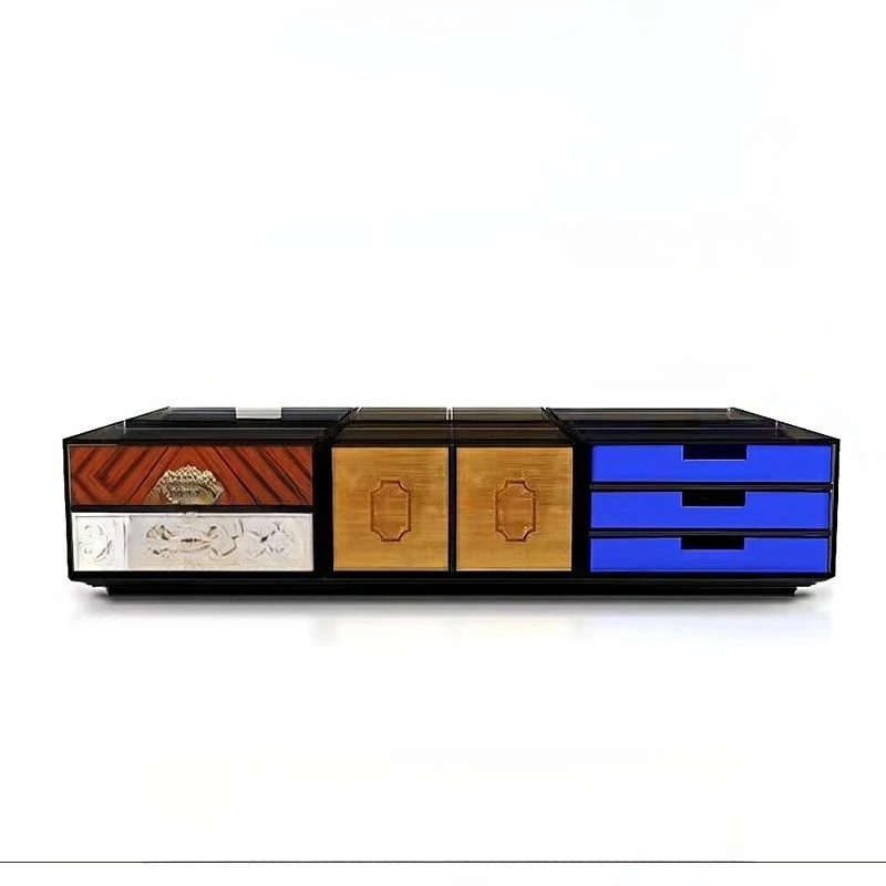 

Creative designer solid wood multi-drawer coffee table villa luxury glass tea table