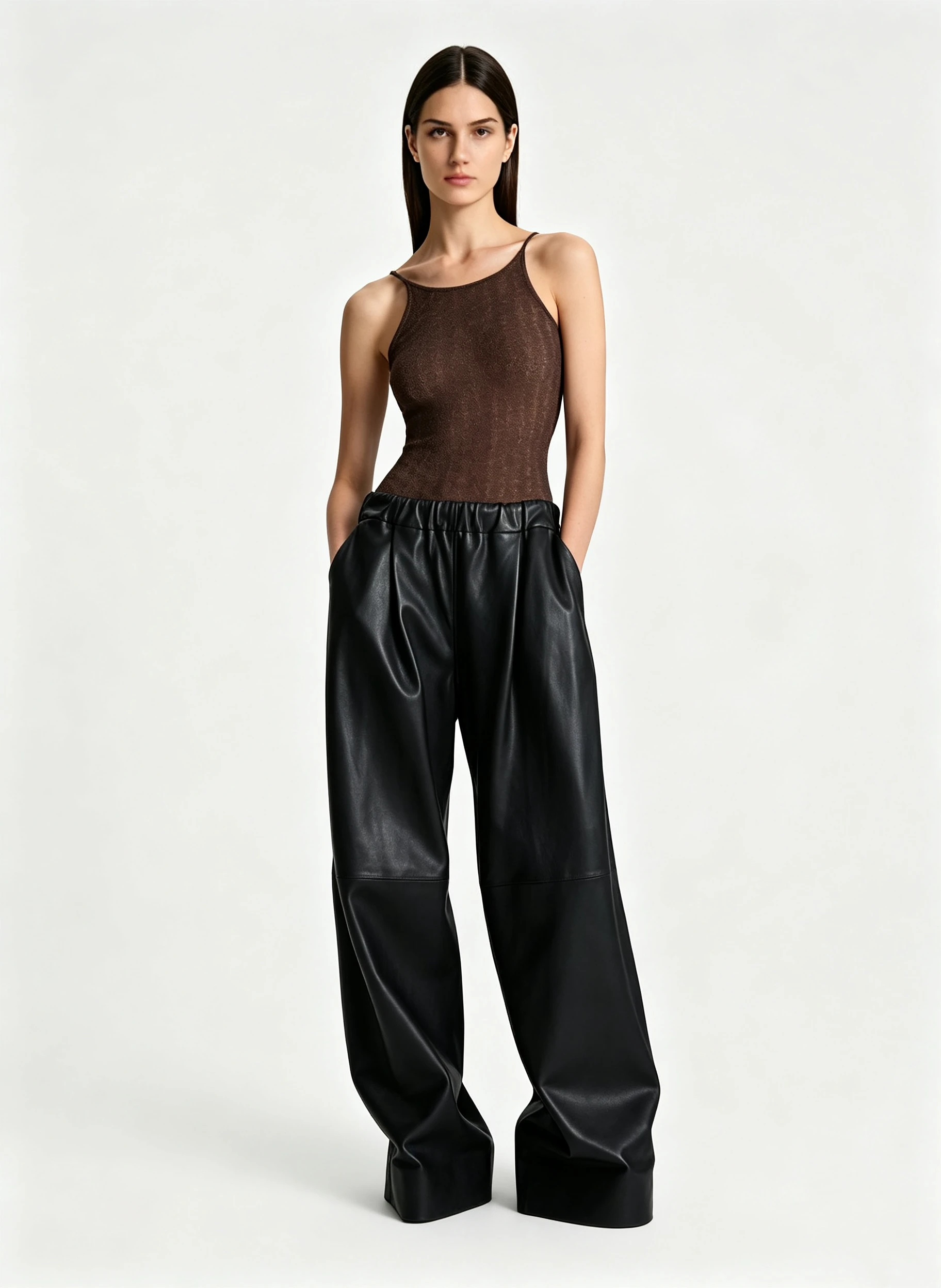 Women's Faux Leather Wide Leg Pants with Elastic High Waist and Knee Seam Detail