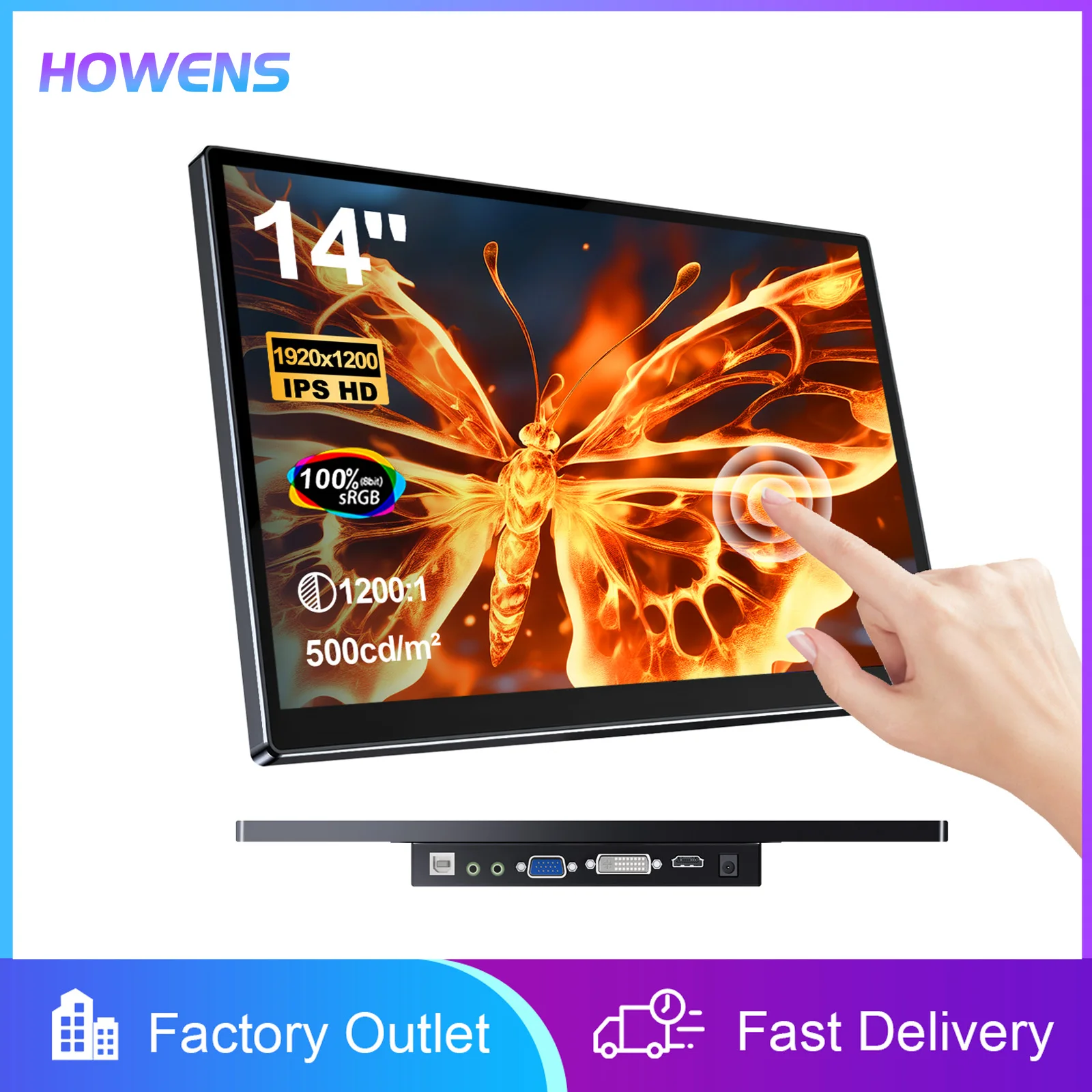 14 Inch Portable Touch Monitor FHD 1920x1200P VGA HDMI USB Port Gaming Expand Display VESA Compatible For PC Phone Laptop TV