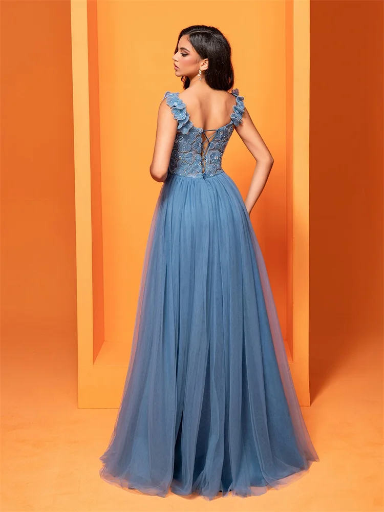 Lucyinlove Elegant Sexy Backless Blue Tulle Bridesmaid Dress Luxury Long Women Wedding Party Prom Cocktail Dresses Gowns