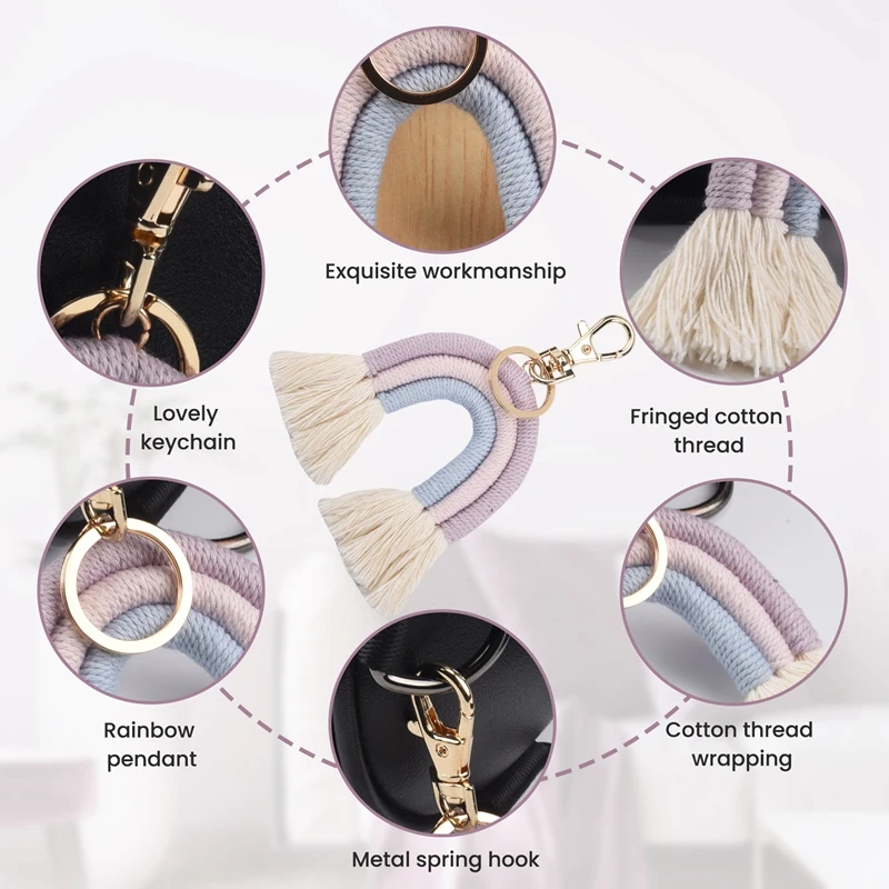 여성용 직조 레인보우 열쇠 고리, 보호 수제 키홀더 열쇠 고리, 마크라메 가방, 매력적인 자동차 걸이식 보석 선물