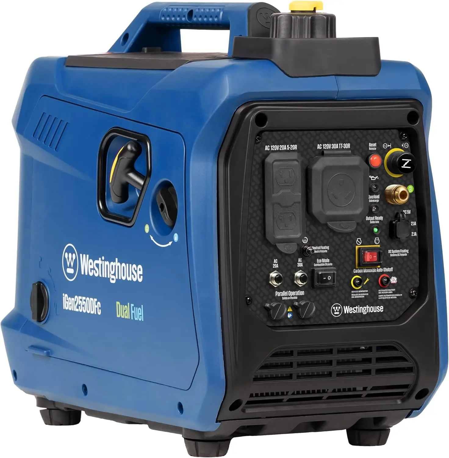 

2550 Peak Watt Super Quiet & Lightweight Portable Inverter Generator, RV Ready 30A Outlet, Gas and Propane Powered, CO Sensor