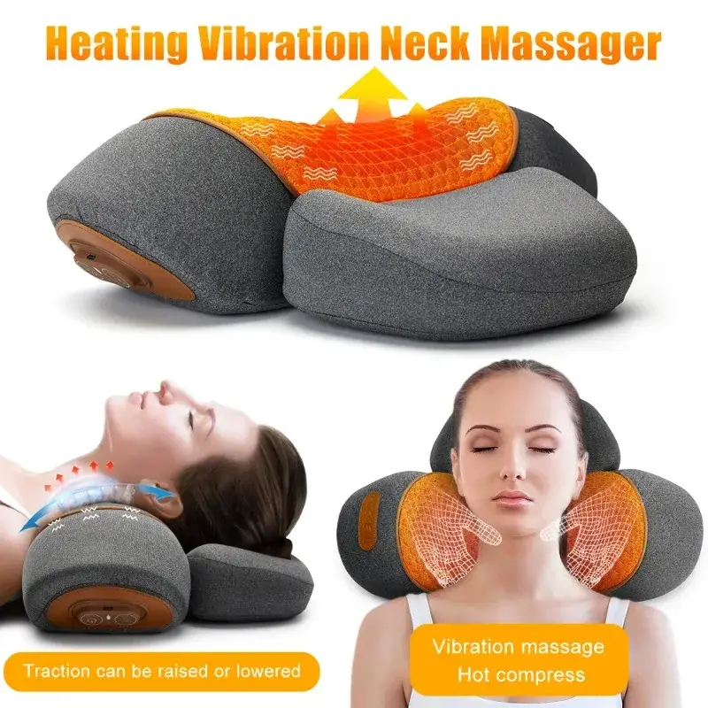 Travesseiro massageador elétrico de pescoço, maca cervical, aquecimento, vibração, massagem, tração nas costas, travesseiros ortopédicos para dormir, suporte