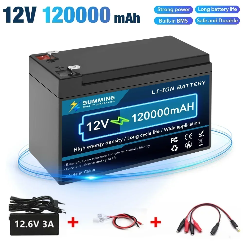 Upgraded 12V 120Ah Li-Ion 18650 Battery Electric Vehicle Lithium Battery Pack 9V-12V 120000mAh Built-in BMS 30A High Current