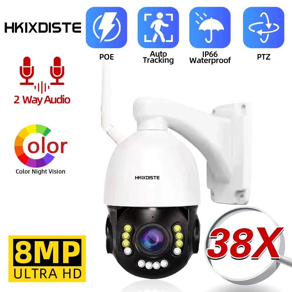 

H.265 4K 8MP 30X Optical Zoom POE Wifi Speed Dome Camera Human Auto Tracking PTZ IP Security Surveillance Camera Color Night 5MP